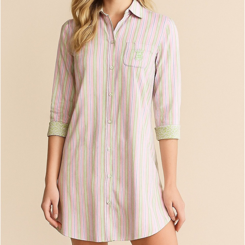 Ralph Lauren Pink Green Striped‎ Collared Sleep Shirt Womens Size Small Cotton
